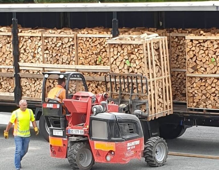 Chauffeur laadt grote pallet met boomstammen in vrachtwagen